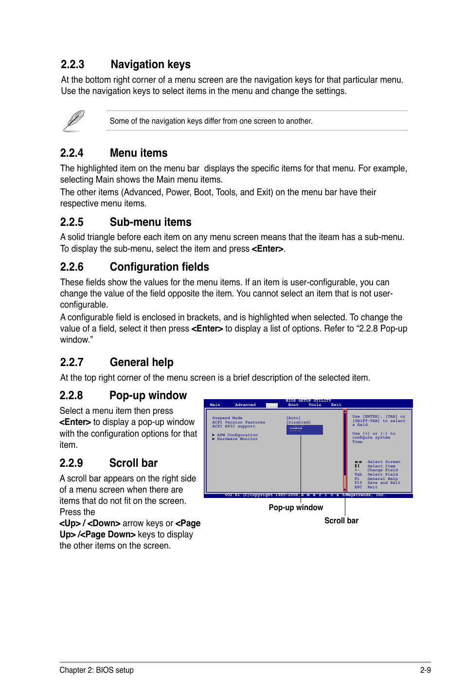 3 navigation keys, 4 menu items, 5 sub-menu items | 6 configuration fields, 7 general help, 8 pop-up window, 9 scroll bar, Navigation keys -9, Menu items -9, Sub-menu items -9 | Asus M2N68 SE User Manual | Page 45 / 60