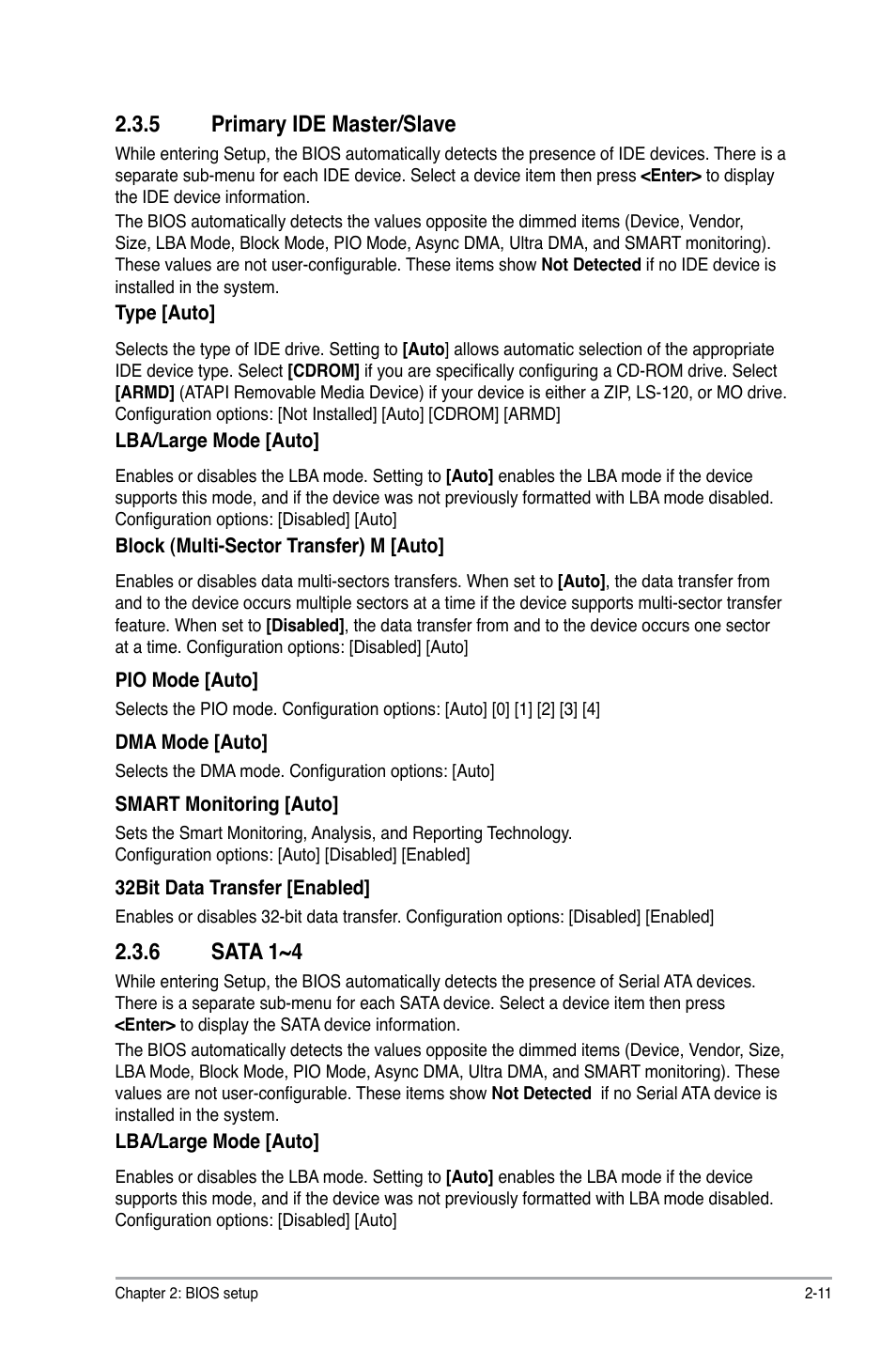 5 primary ide master/slave, 6 sata 1~4, Primary ide master/slave -11 | Sata 1~4 -11 | Asus M2N68 SE User Manual | Page 47 / 60
