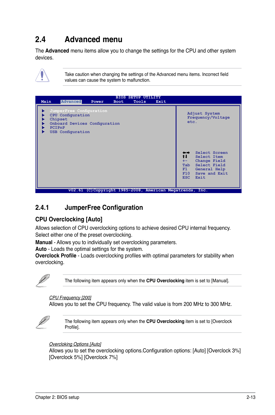 4 advanced menu, 1 jumperfree configuration, Advanced menu -13 2.4.1 | Jumperfree configuration -13, Cpu overclocking [auto | Asus M2N68 SE User Manual | Page 49 / 60