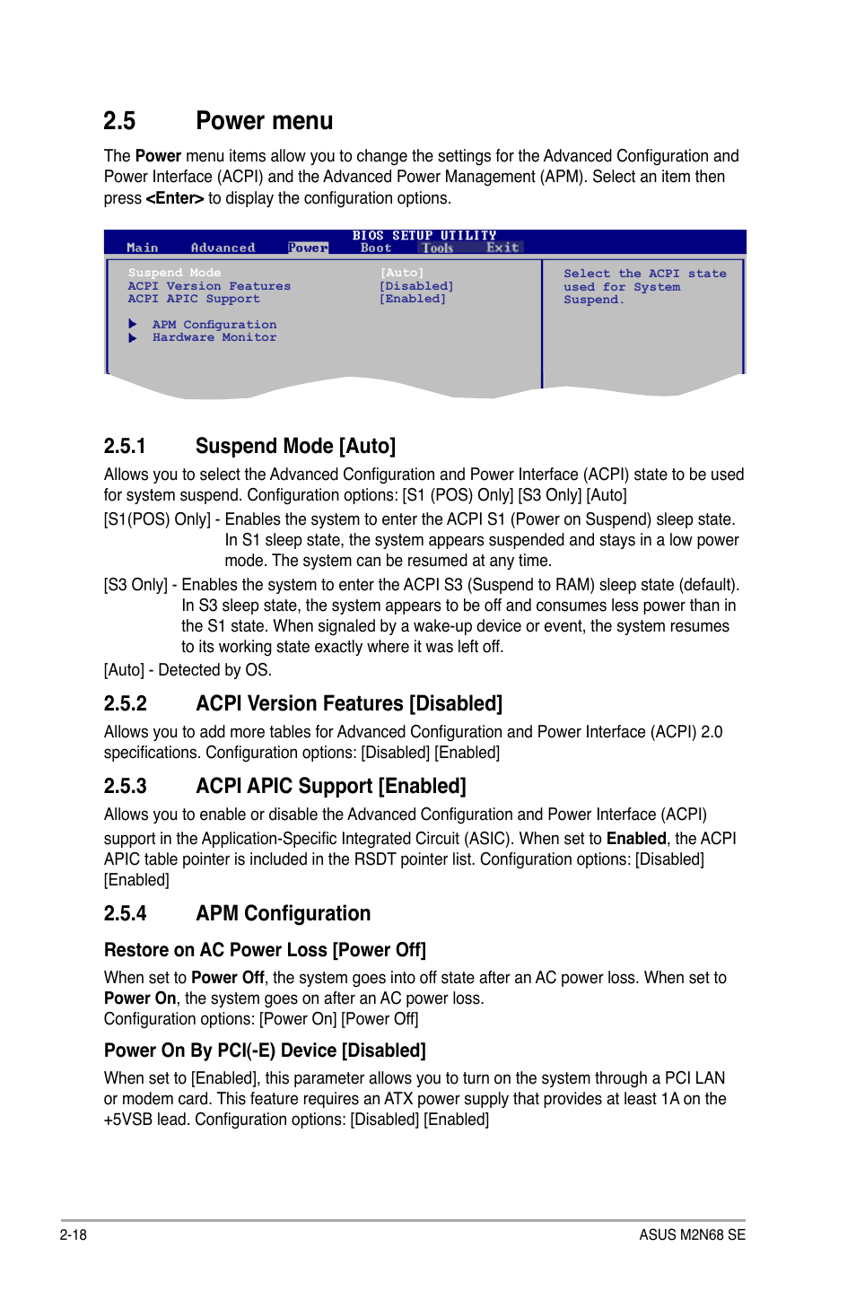 5 power menu, 1 suspend mode, 2 acpi version features | 3 acpi apic support, 4 apm configuration, Power menu -18 2.5.1, Suspend mode -18, Acpi version features -18, Acpi apic support -18, Apm configuration -18 | Asus M2N68 SE User Manual | Page 54 / 60