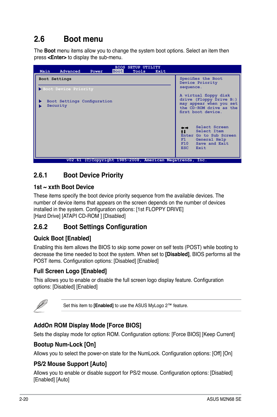6 boot menu, 1 boot device priority, 2 boot settings configuration | Boot menu -20 2.6.1, Boot device priority -20, Boot settings configuration -20 | Asus M2N68 SE User Manual | Page 56 / 60
