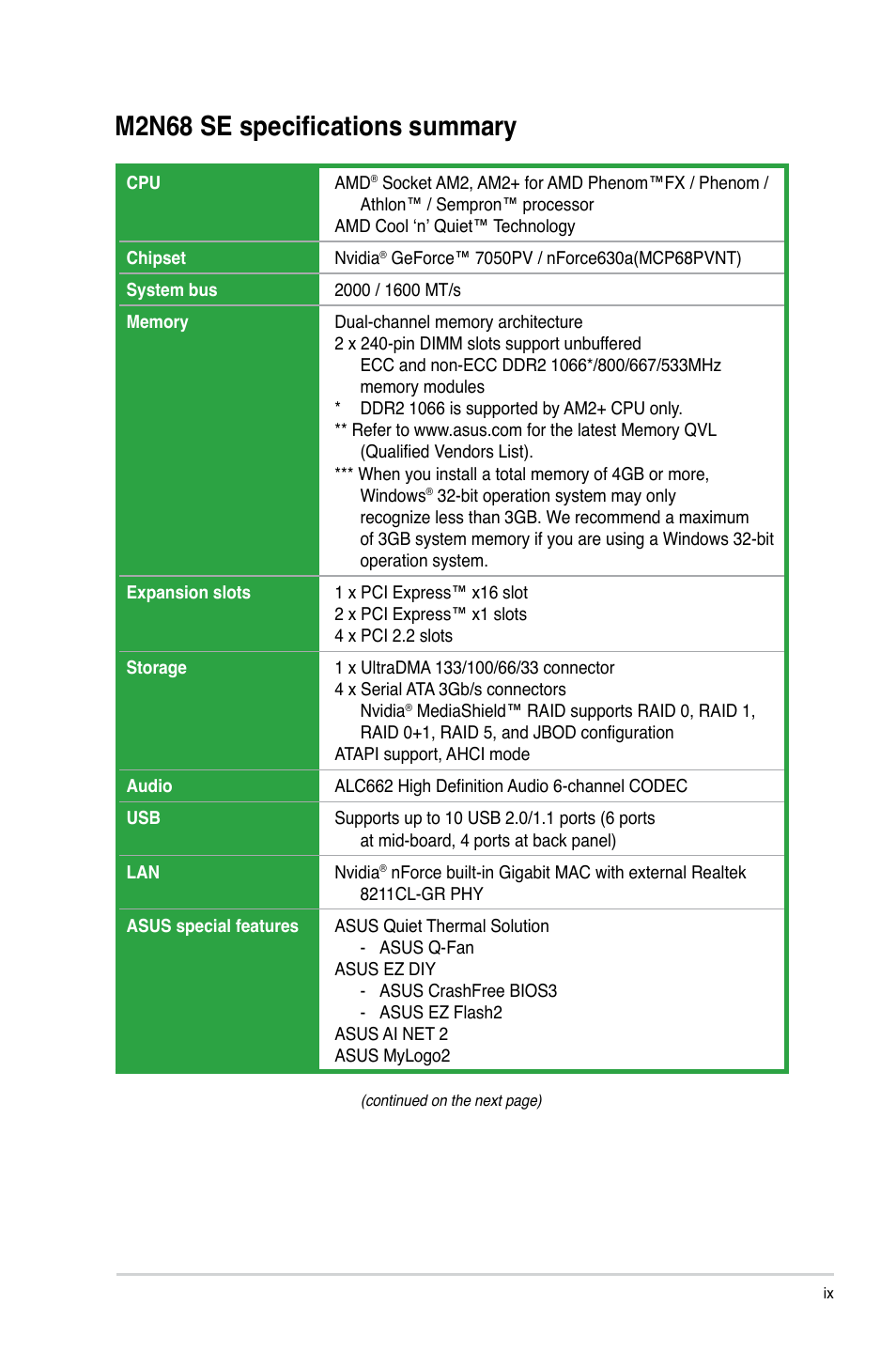 M2n68 se specifications summary | Asus M2N68 SE User Manual | Page 9 / 60