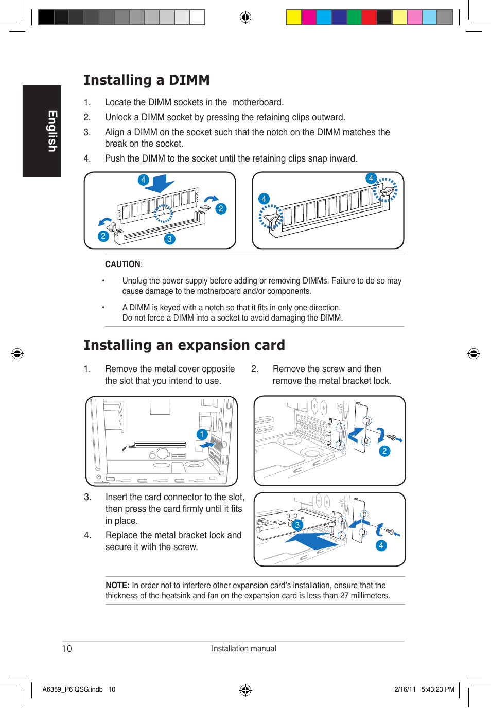 Installing an expansion card, Installing a dimm, English | Asus P6-P8H61E User Manual | Page 10 / 36