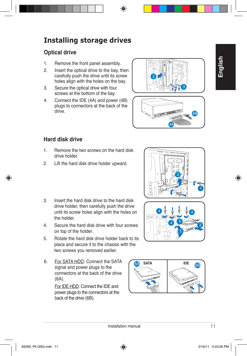 Installing storage drives, English hard disk drive, Optical drive | Asus P6-P8H61E User Manual | Page 11 / 36