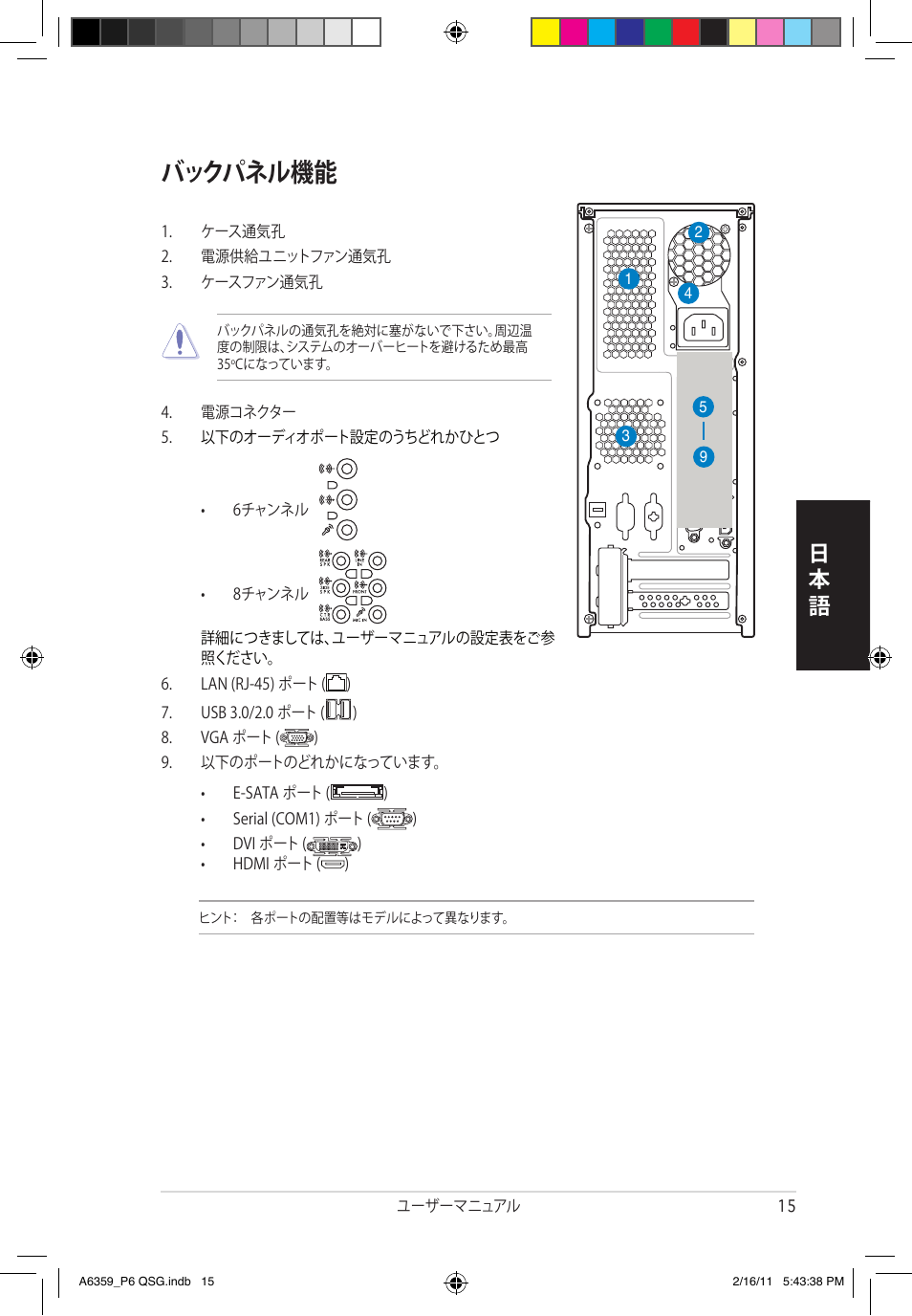 バックパネル機能 | Asus P6-P8H61E User Manual | Page 15 / 36