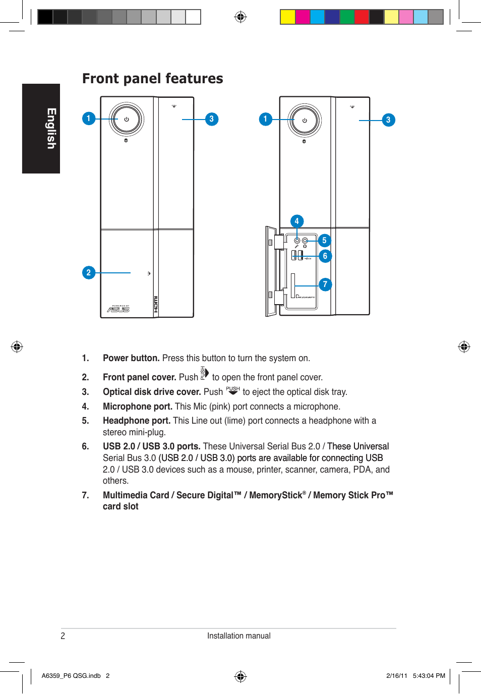 Front panel features, English | Asus P6-P8H61E User Manual | Page 2 / 36