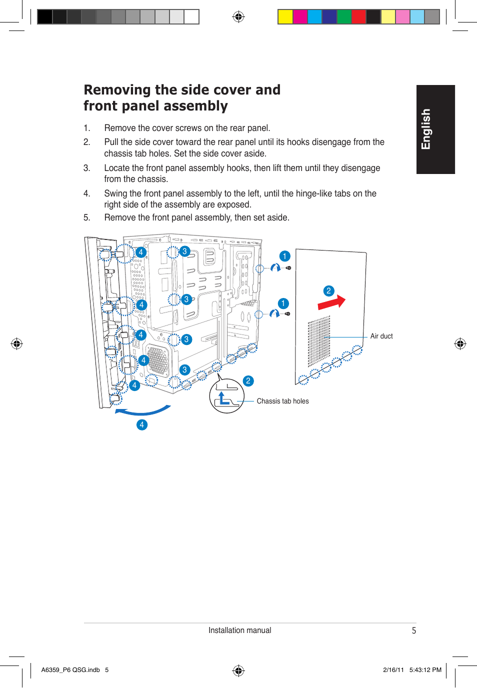 Removing the side cover and front panel assembly, English | Asus P6-P8H61E User Manual | Page 5 / 36