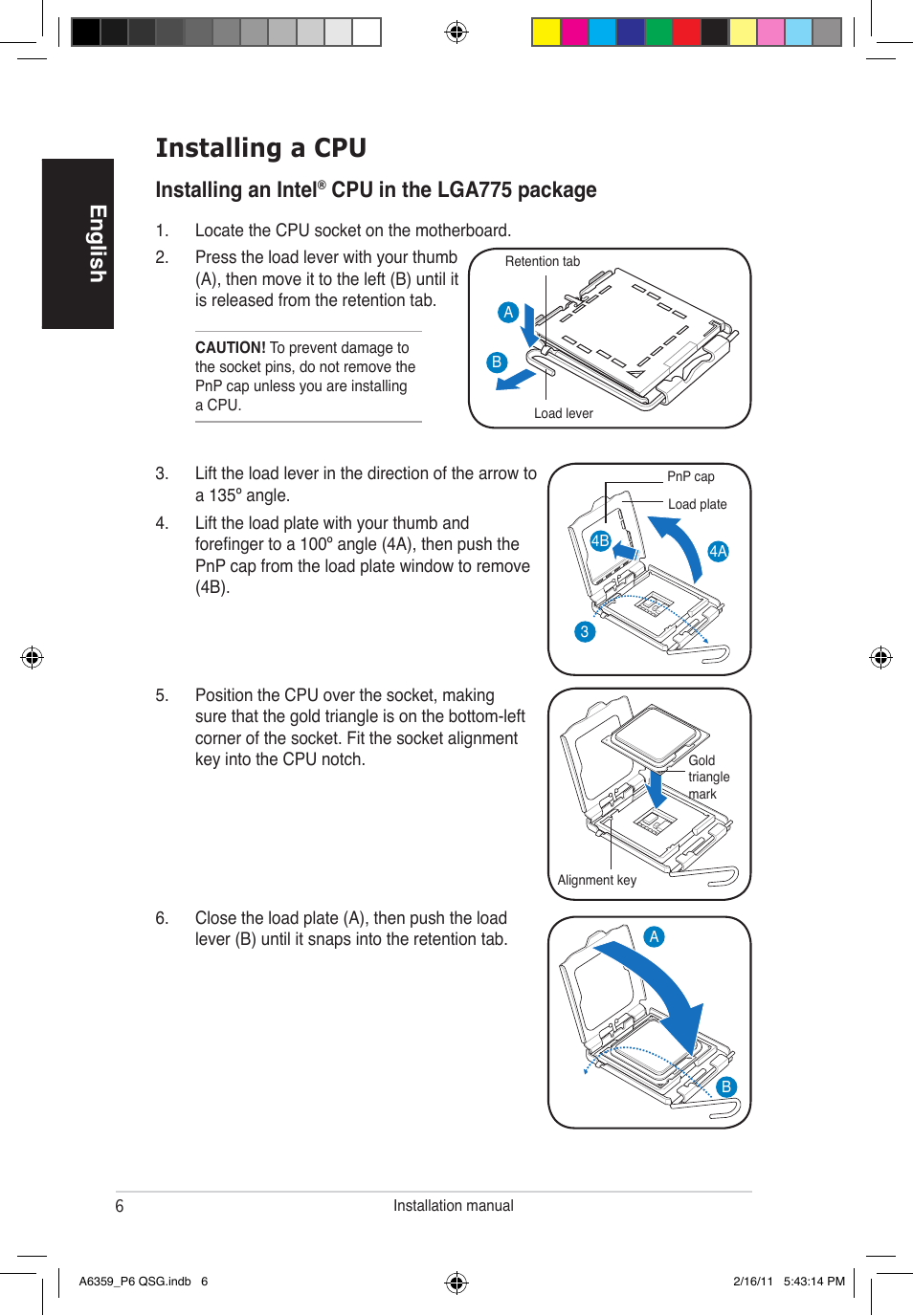 Installing a cpu, English, Installing an intel | Cpu in the lga775 package | Asus P6-P8H61E User Manual | Page 6 / 36