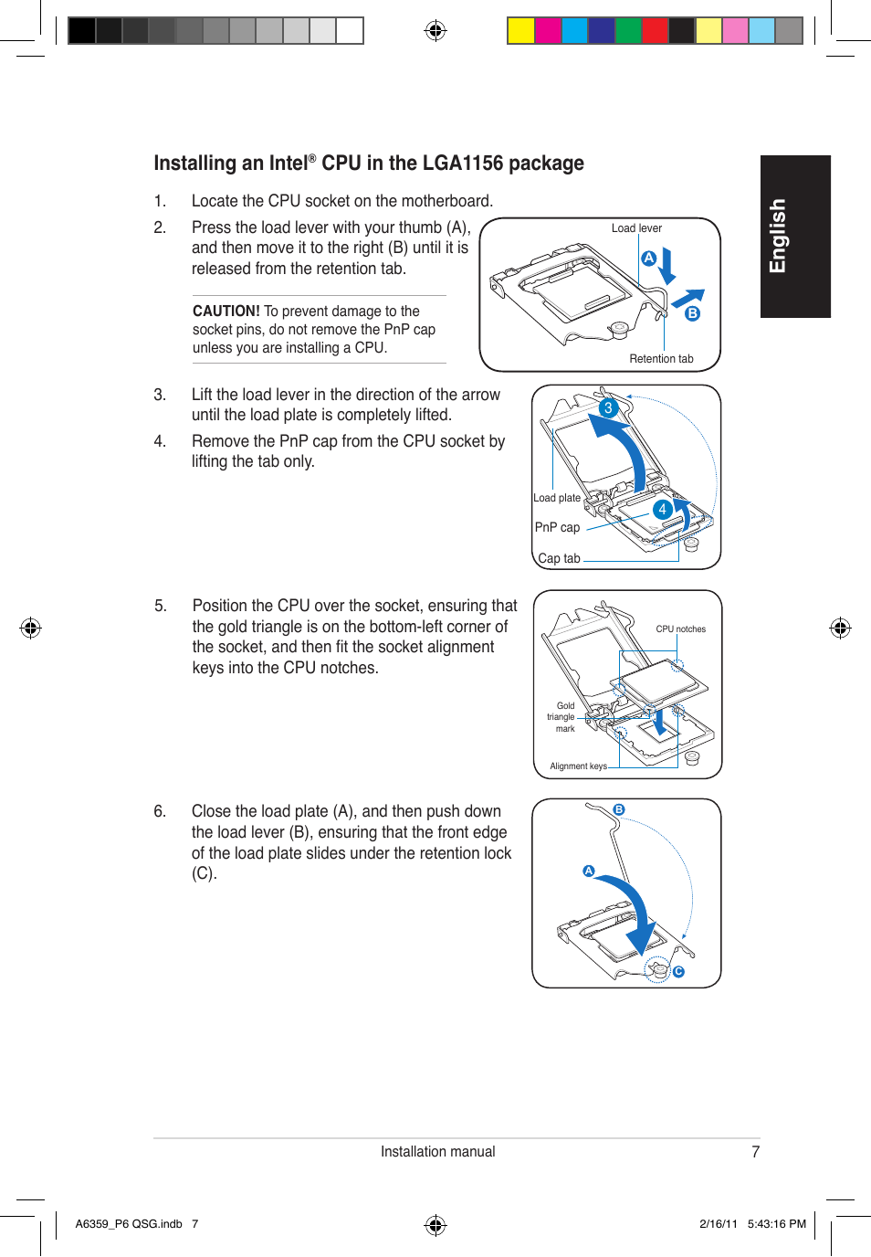 English, Installing an intel, Cpu in the lga1156 package | Asus P6-P8H61E User Manual | Page 7 / 36