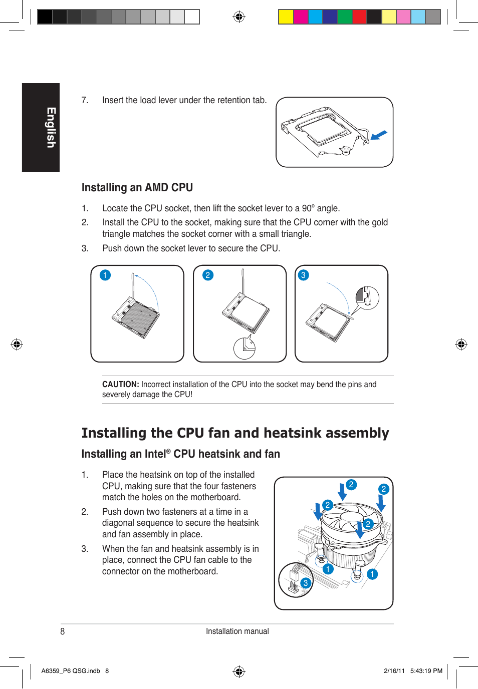 Installing the cpu fan and heatsink assembly, English, Installing an intel | Cpu heatsink and fan, Installing an amd cpu | Asus P6-P8H61E User Manual | Page 8 / 36