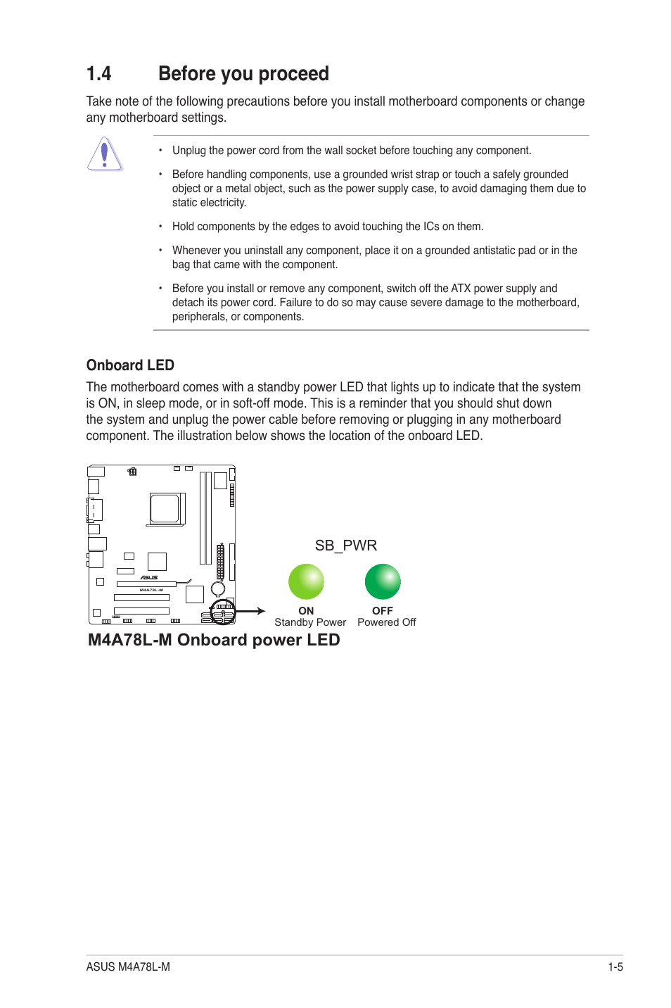 4 before you proceed, Before you proceed -5, P5kpl-am/ps | M4a78l-m onboard power led | Asus M4A78L-M User Manual | Page 17 / 64