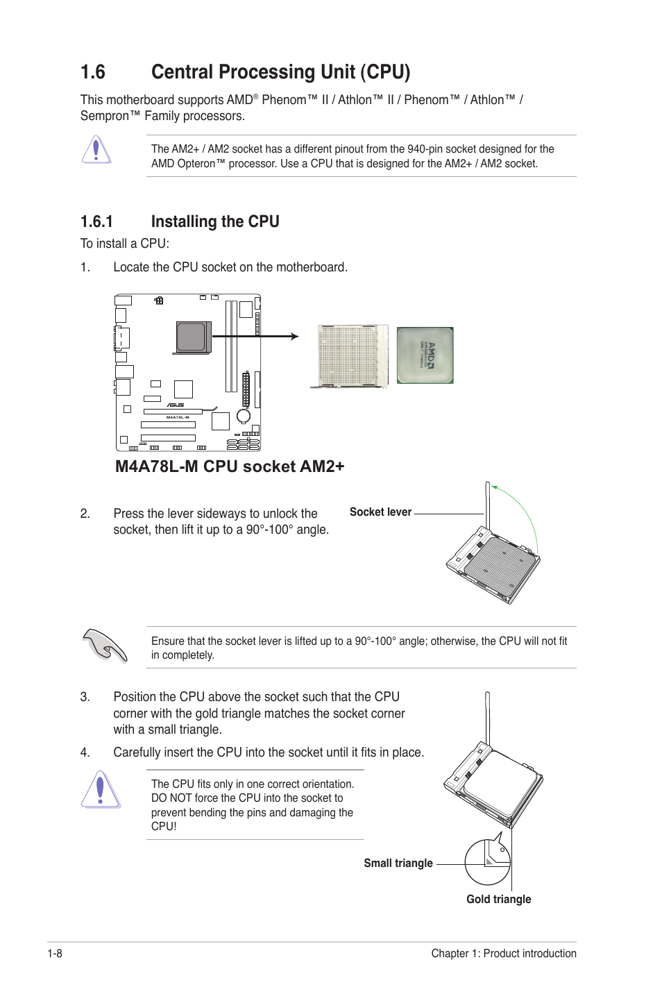 6 central processing unit (cpu), 1 installing the cpu, Central processing unit (cpu) -8 1.6.1 | Installing the cpu -8, M4a78l-m cpu socket am2 | Asus M4A78L-M User Manual | Page 20 / 64