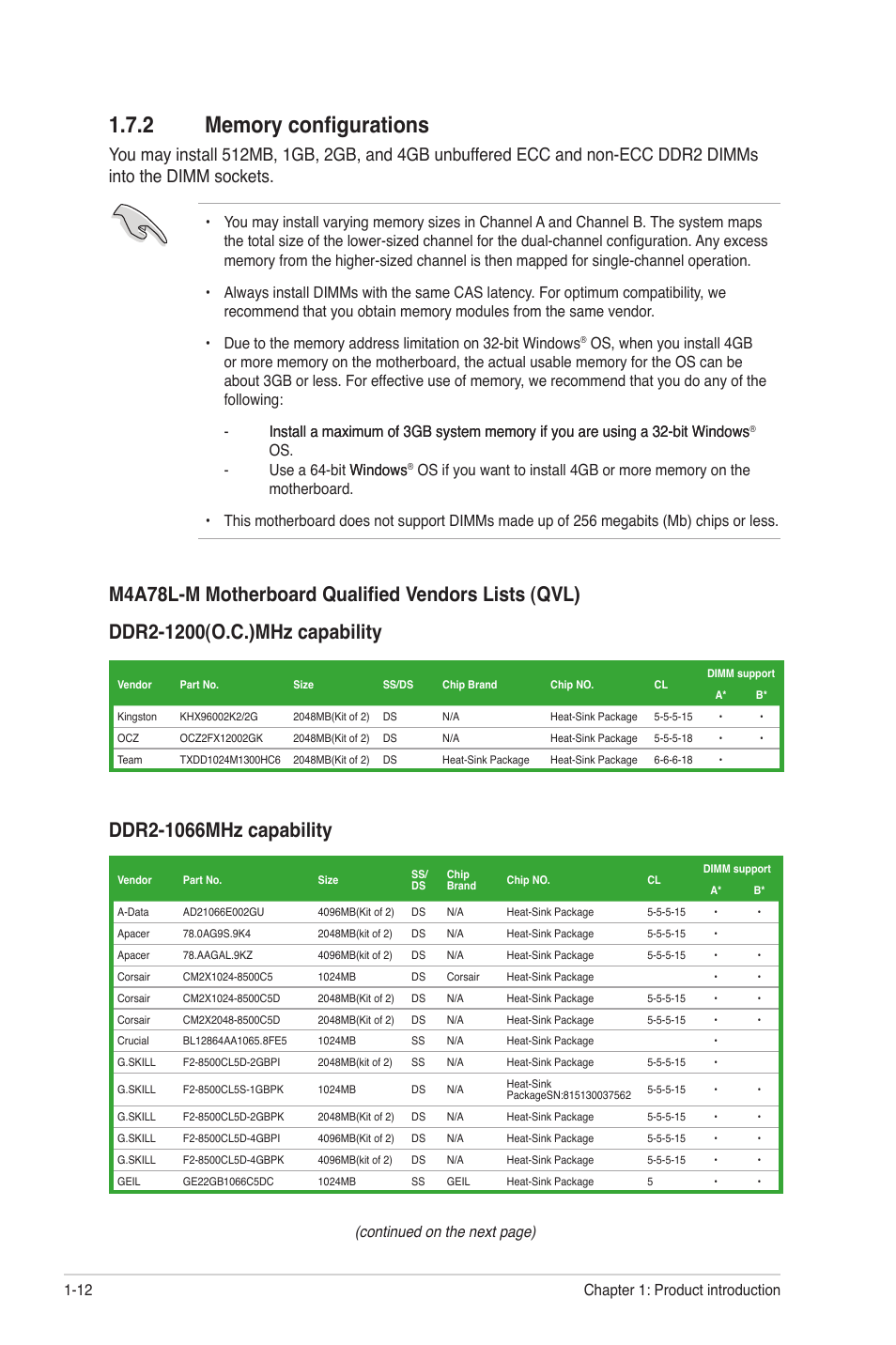 2 memory configurations, Memory configurations -12, Continued on the next page) | Asus M4A78L-M User Manual | Page 24 / 64