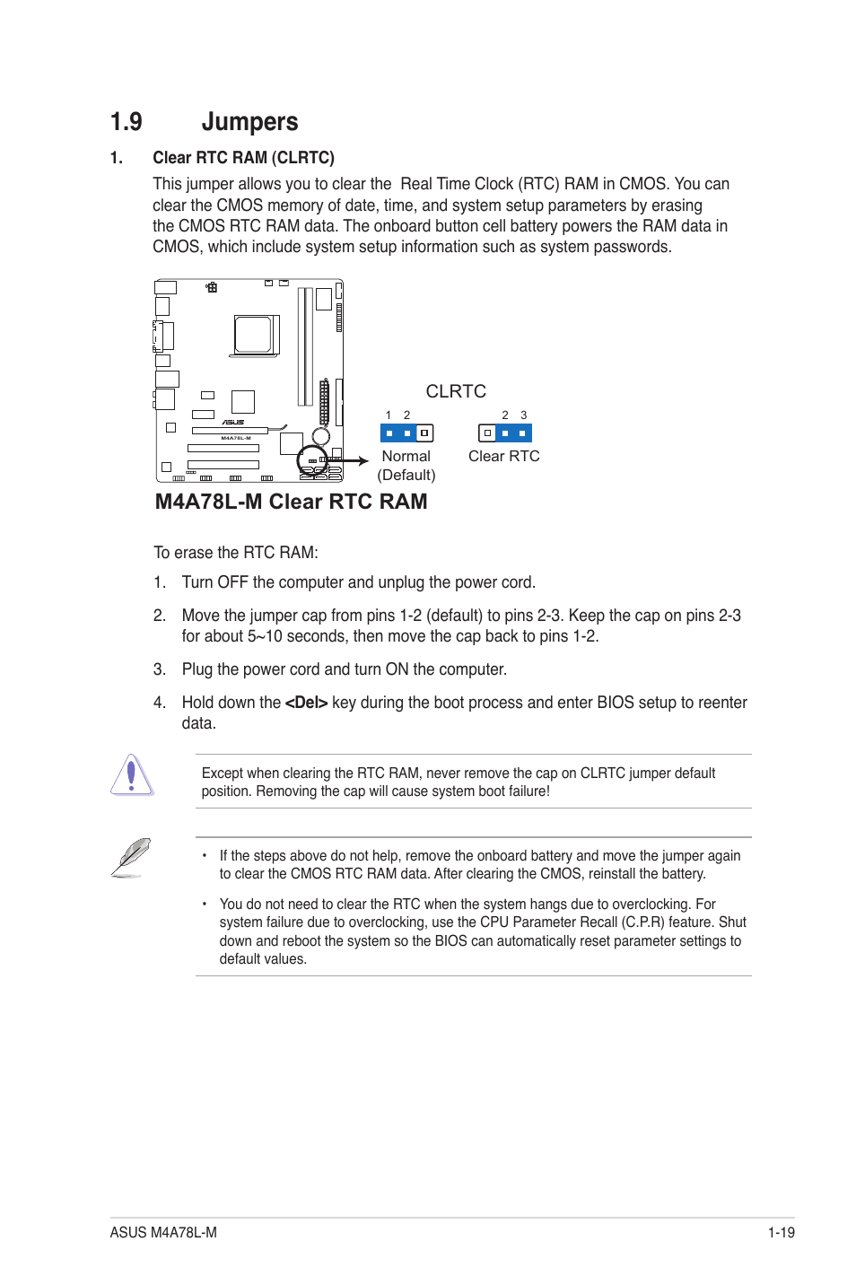9 jumpers, Jumpers -19, M4a78l-m clear rtc ram | Asus M4A78L-M User Manual | Page 31 / 64