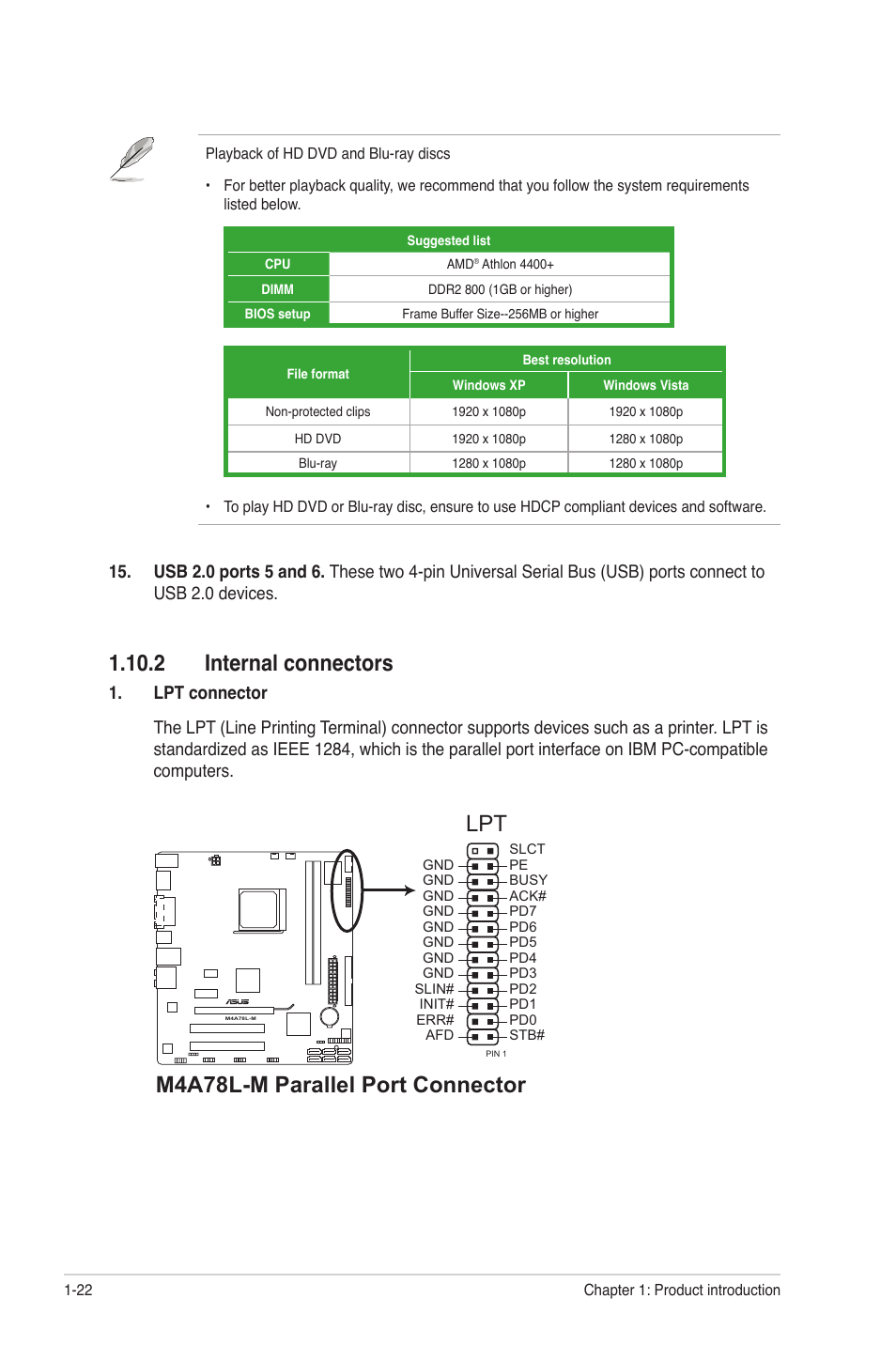 2 internal connectors, 2 internal connectors -22, M4a78l-m parallel port connector | Asus M4A78L-M User Manual | Page 34 / 64