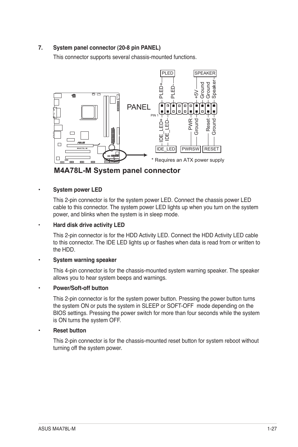 M4a78l-m system panel connector, Panel | Asus M4A78L-M User Manual | Page 39 / 64
