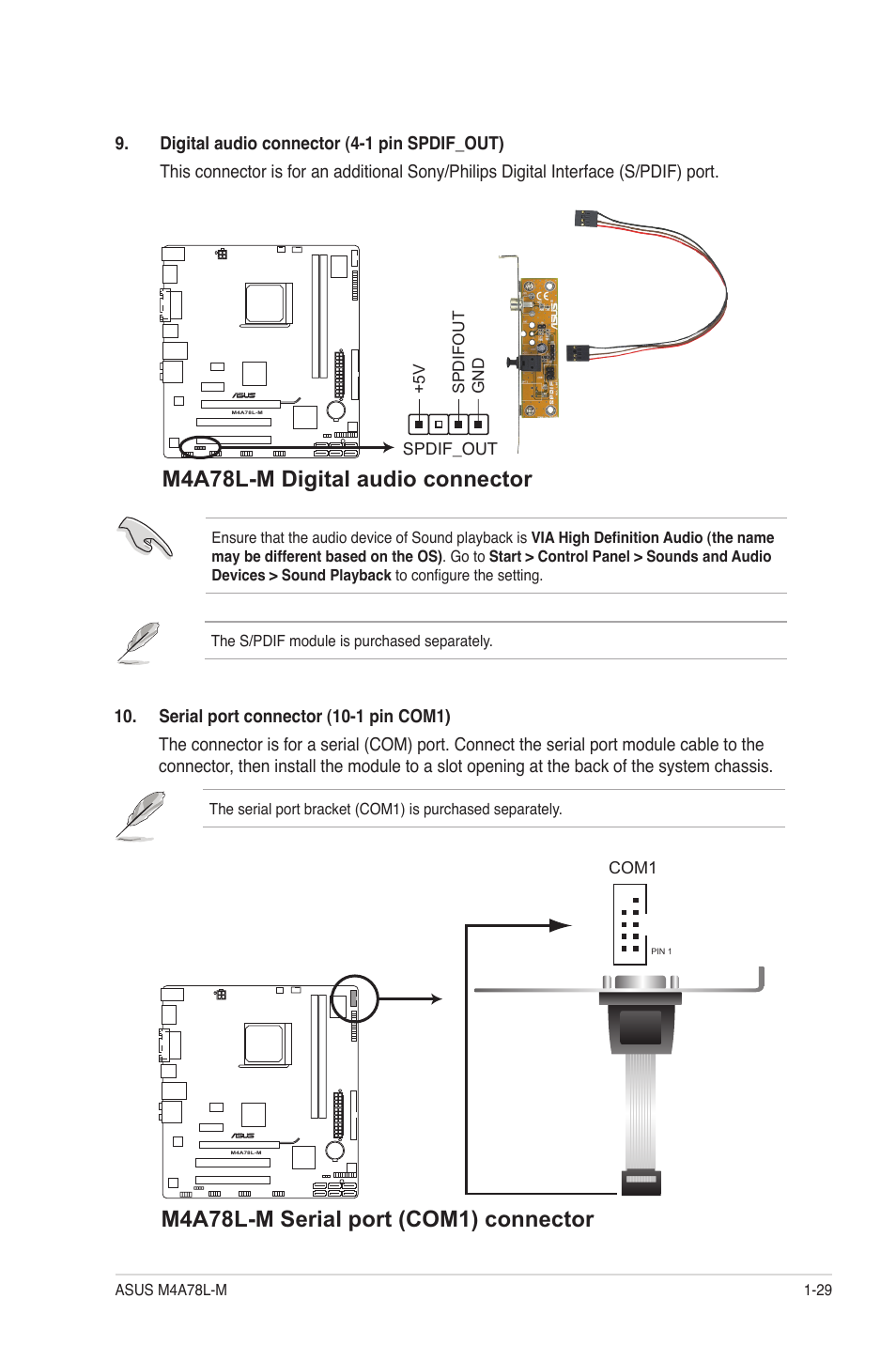 M4a78l-m digital audio connector, M4a78l-m serial port (com1) connector | Asus M4A78L-M User Manual | Page 41 / 64