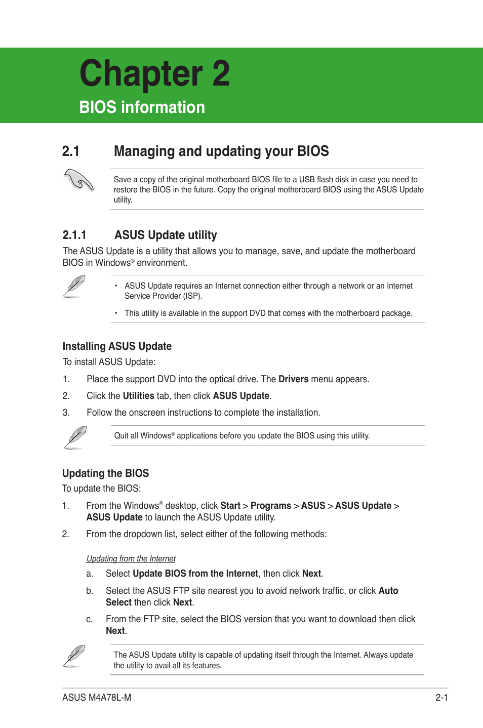 Chapter 2: bios information, 1 managing and updating your bios, 1 asus update utility | Bios information, Managing and updating your bios -1 2.1.1, Asus update utility -1, Chapter 2 | Asus M4A78L-M User Manual | Page 43 / 64