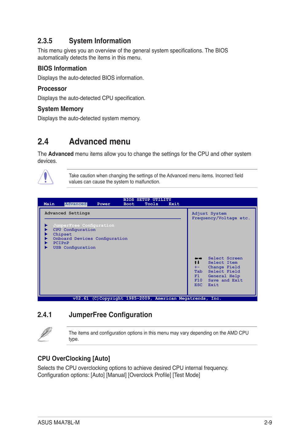5 system information, 4 advanced menu, 1 jumperfree configuration | System information -9, Advanced menu -9 2.4.1, Jumperfree configuration -9, Bios information, Processor, Cpu overclocking [auto | Asus M4A78L-M User Manual | Page 51 / 64