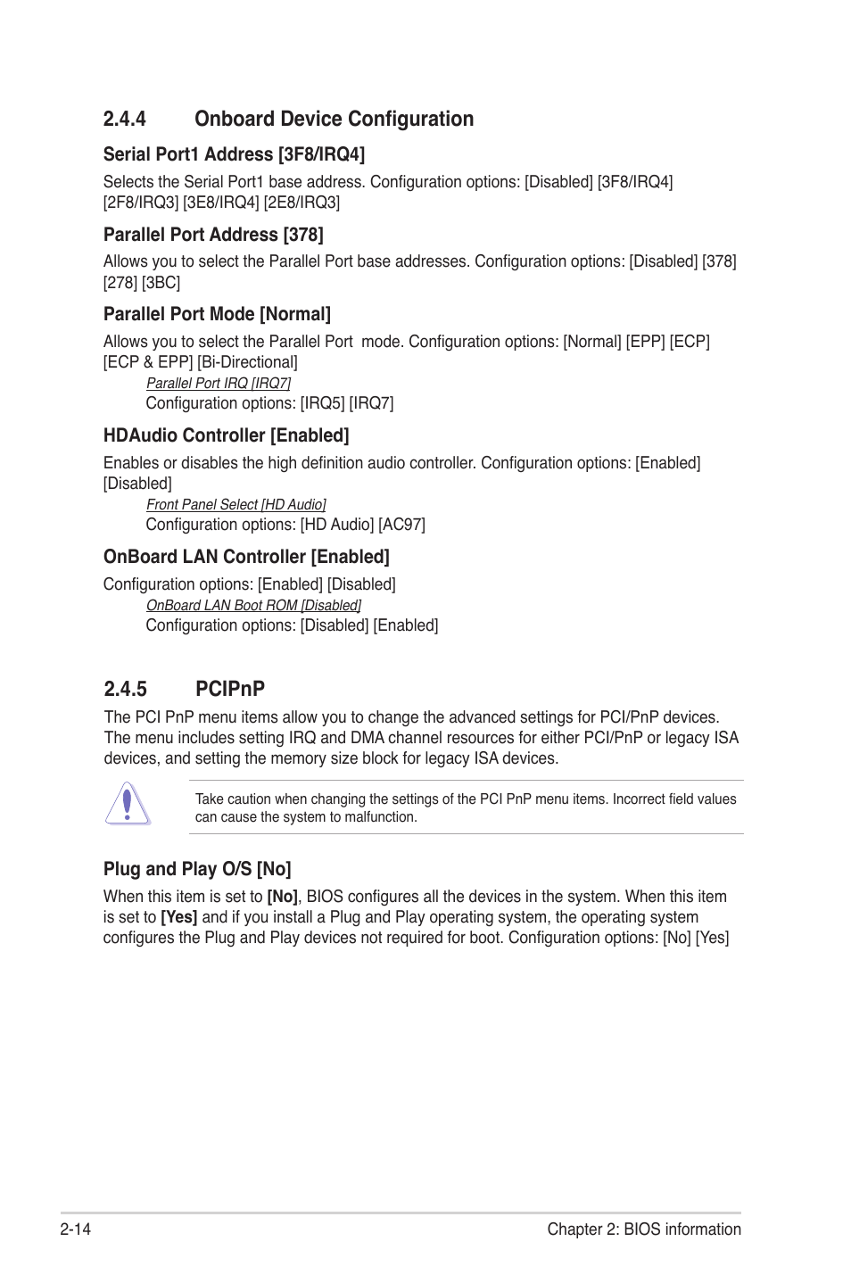 4 onboard device configuration, 5 pcipnp, 4 onboard device configuration -14 2.4.5 | Pcipnp -14 | Asus M4A78L-M User Manual | Page 56 / 64