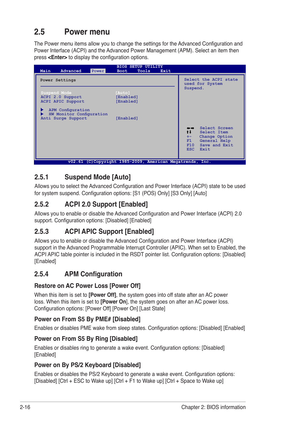 5 power menu, 1 suspend mode, 2 acpi 2.0 support | 3 acpi apic support, 4 apm configuration, Power menu -16 2.5.1, Suspend mode -16, Acpi 2.0 support -16, Acpi apic support -16, Apm configuration -16 | Asus M4A78L-M User Manual | Page 58 / 64