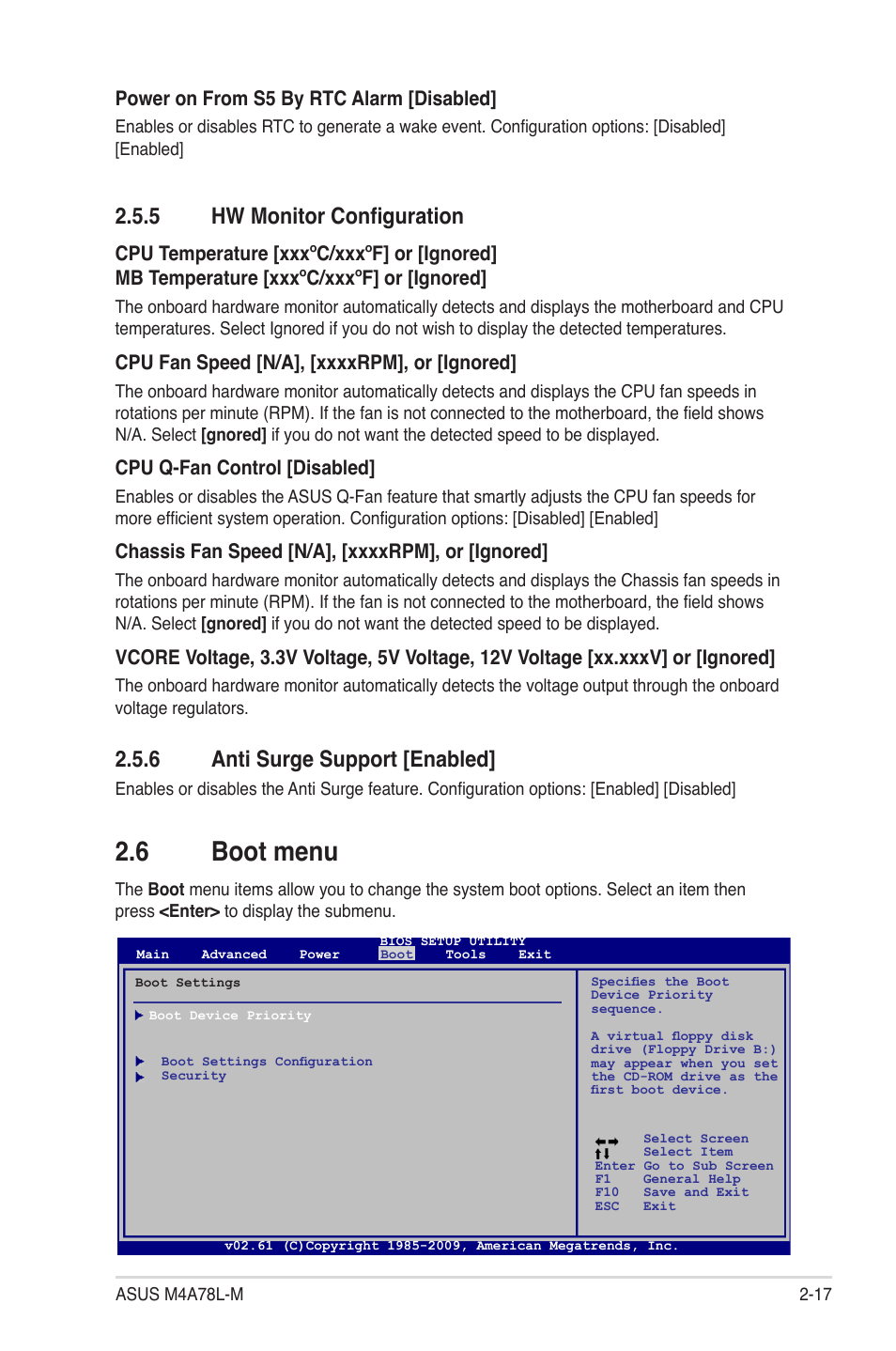 5 hw monitor configuration, 6 anti surge support, 6 boot menu | Hw monitor configuration -17, Anti surge support -17, Boot menu -17, 6 anti surge support [enabled | Asus M4A78L-M User Manual | Page 59 / 64