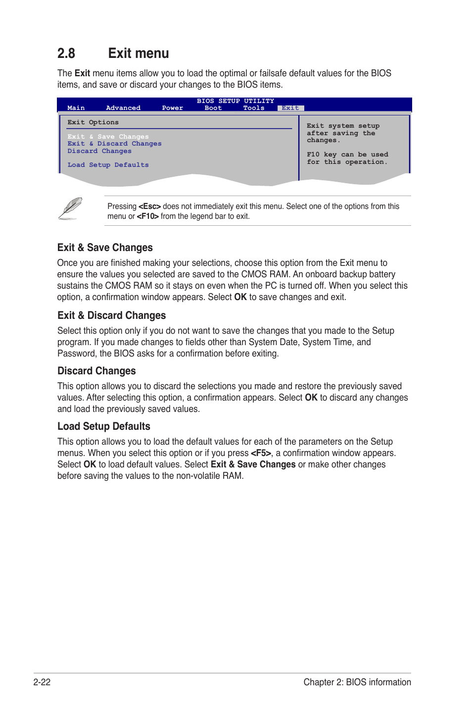 8 exit menu, Exit menu -22, Exit & discard changes | Discard changes, Load setup defaults, Exit & save changes | Asus M4A78L-M User Manual | Page 64 / 64