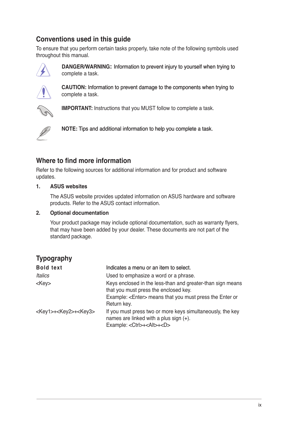 Conventions used in this guide, Where to find more information, Typography | Asus M4A78L-M User Manual | Page 9 / 64