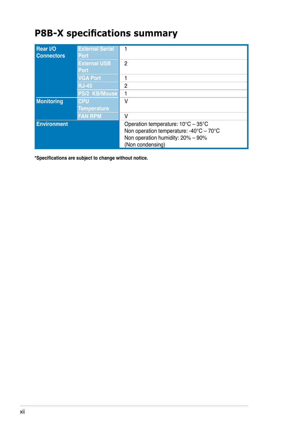 P8b-x specifications summary | Asus P8B-X User Manual | Page 12 / 128