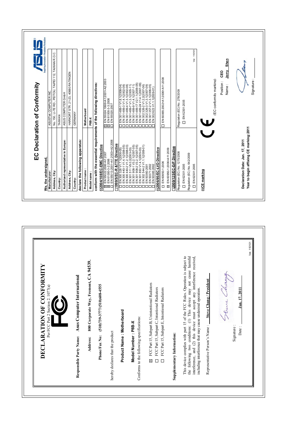 Ec declaration of conformity, Declaration of conformity, Asu s c om pu te r in te rn at io na l | Asus P8B-X User Manual | Page 128 / 128
