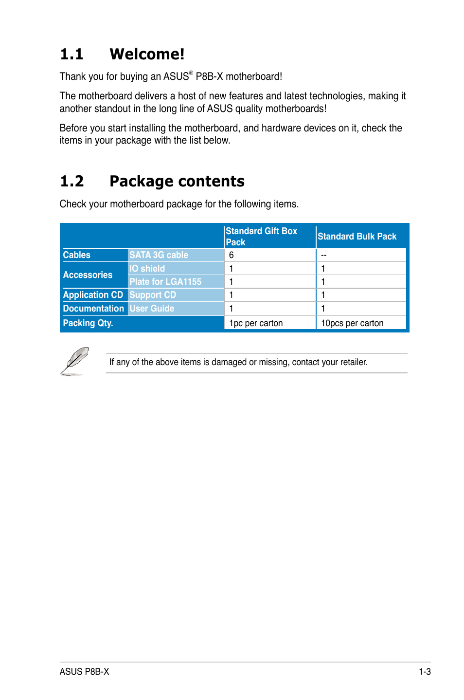 1 welcome, 2 package contents | Asus P8B-X User Manual | Page 15 / 128