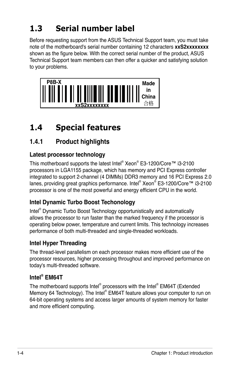 4 special features, 3 serial number label, 1 product highlights | Asus P8B-X User Manual | Page 16 / 128