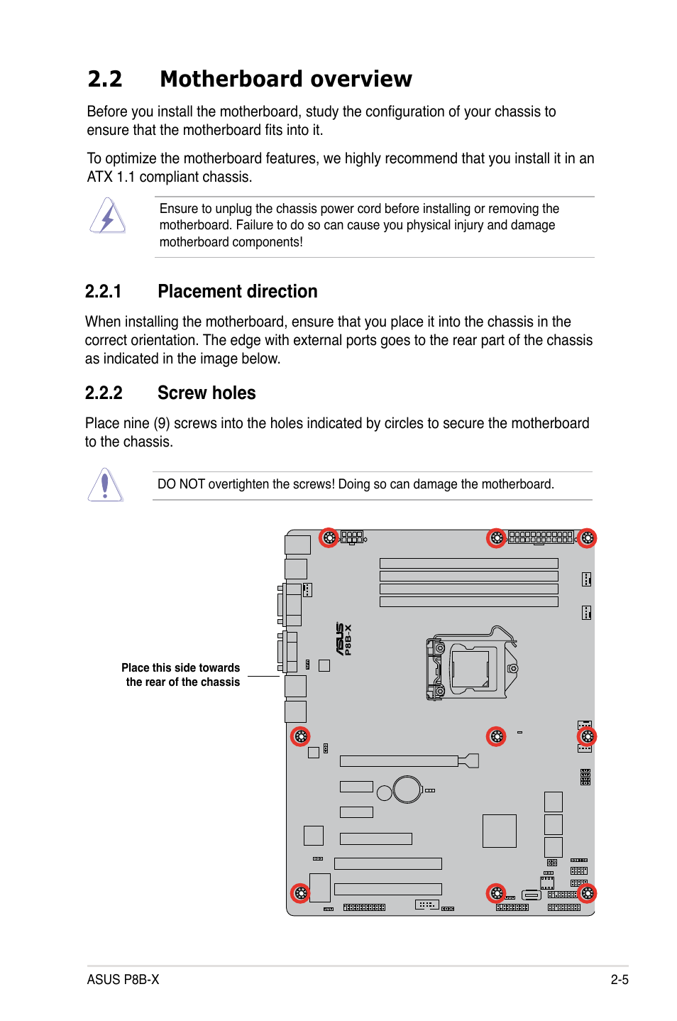 2 motherboard overview, 1 placement direction, 2 screw holes | Asus P8B-X User Manual | Page 23 / 128