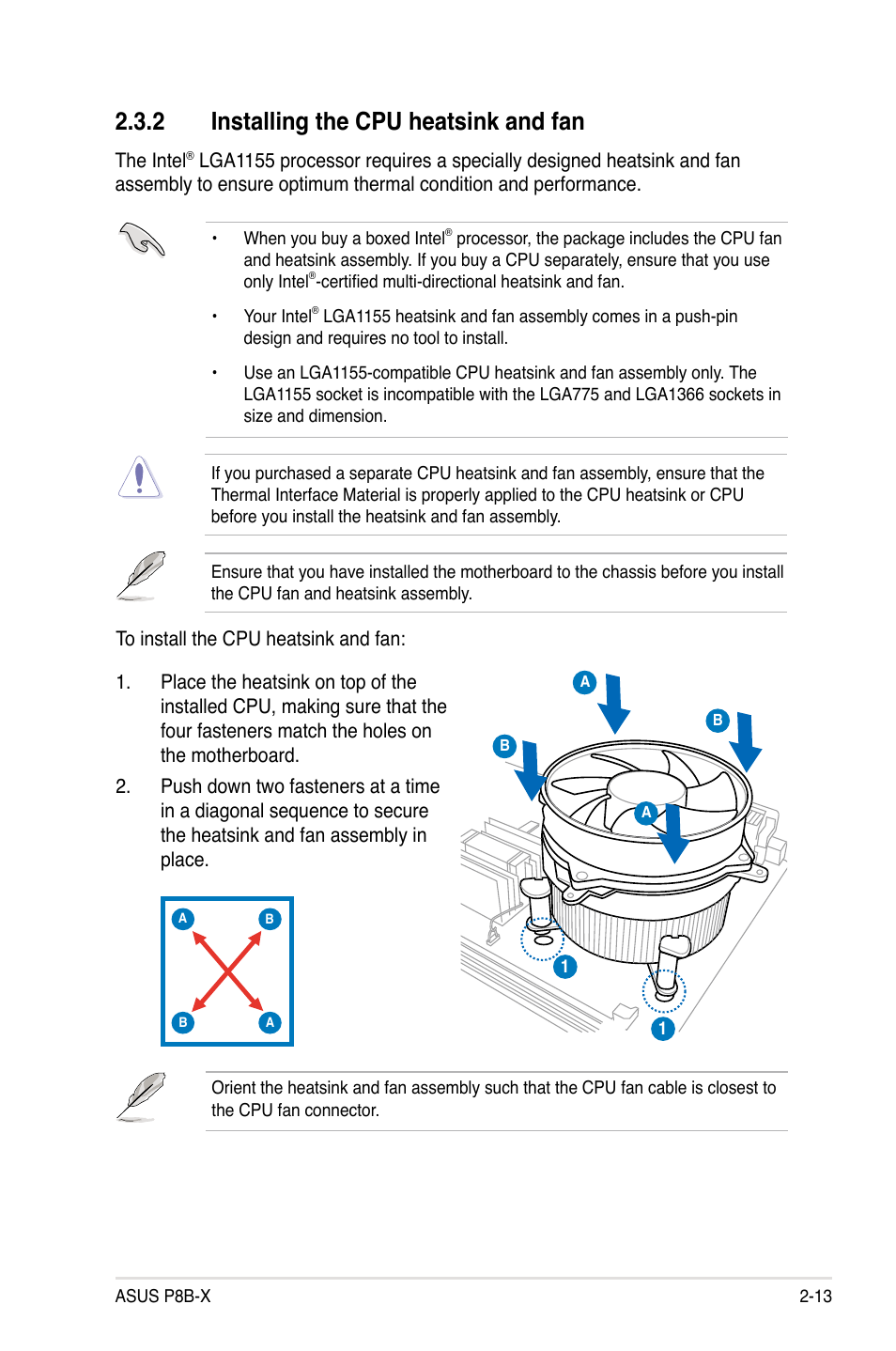 2 installing the cpu heatsink and fan | Asus P8B-X User Manual | Page 31 / 128