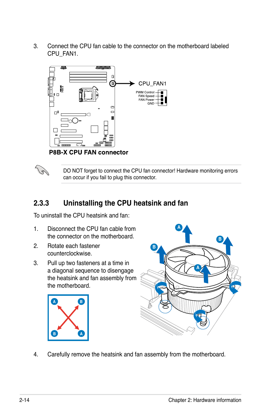 3 uninstalling the cpu heatsink and fan | Asus P8B-X User Manual | Page 32 / 128