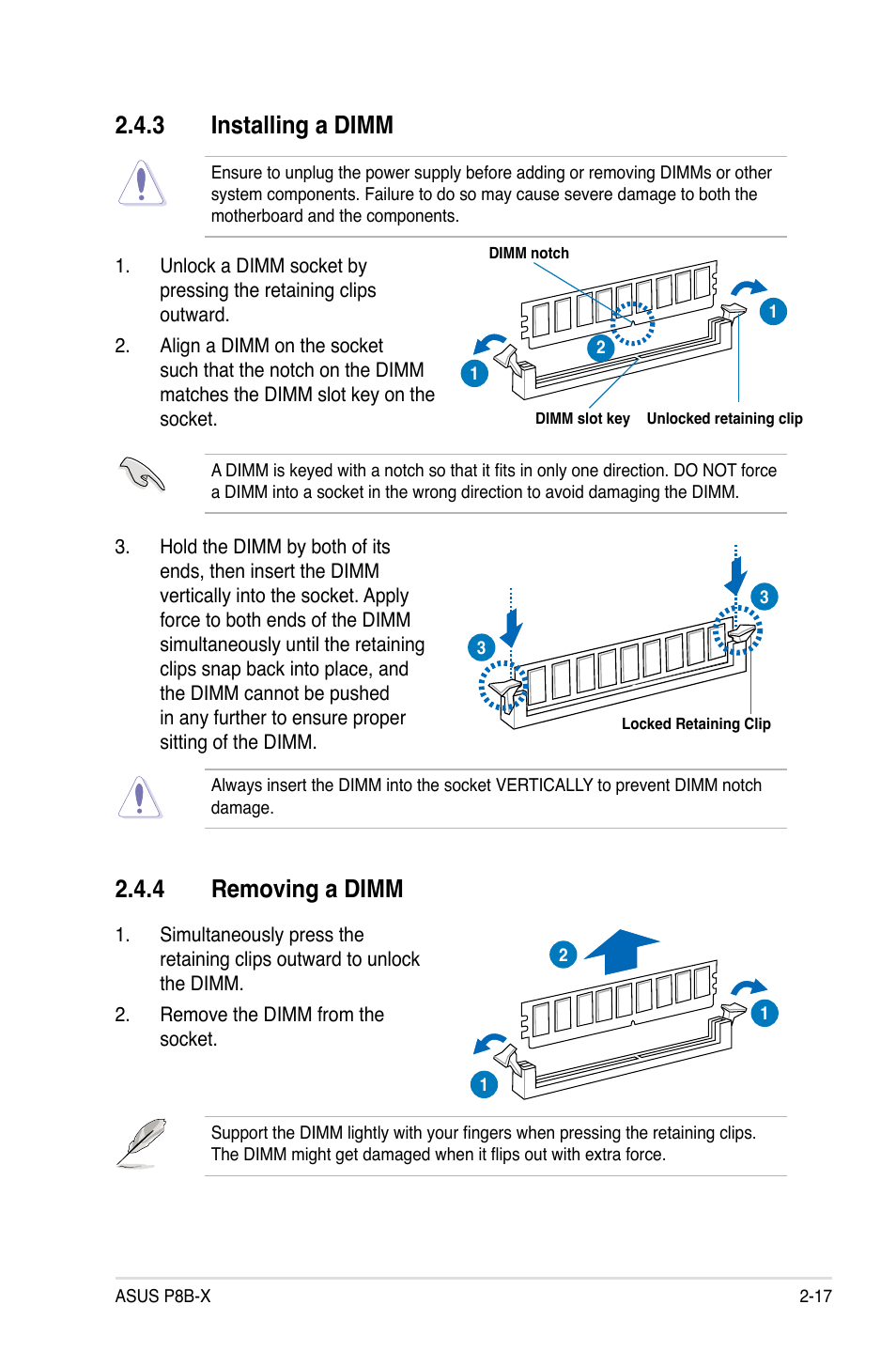 4 removing a dimm, 3 installing a dimm | Asus P8B-X User Manual | Page 35 / 128