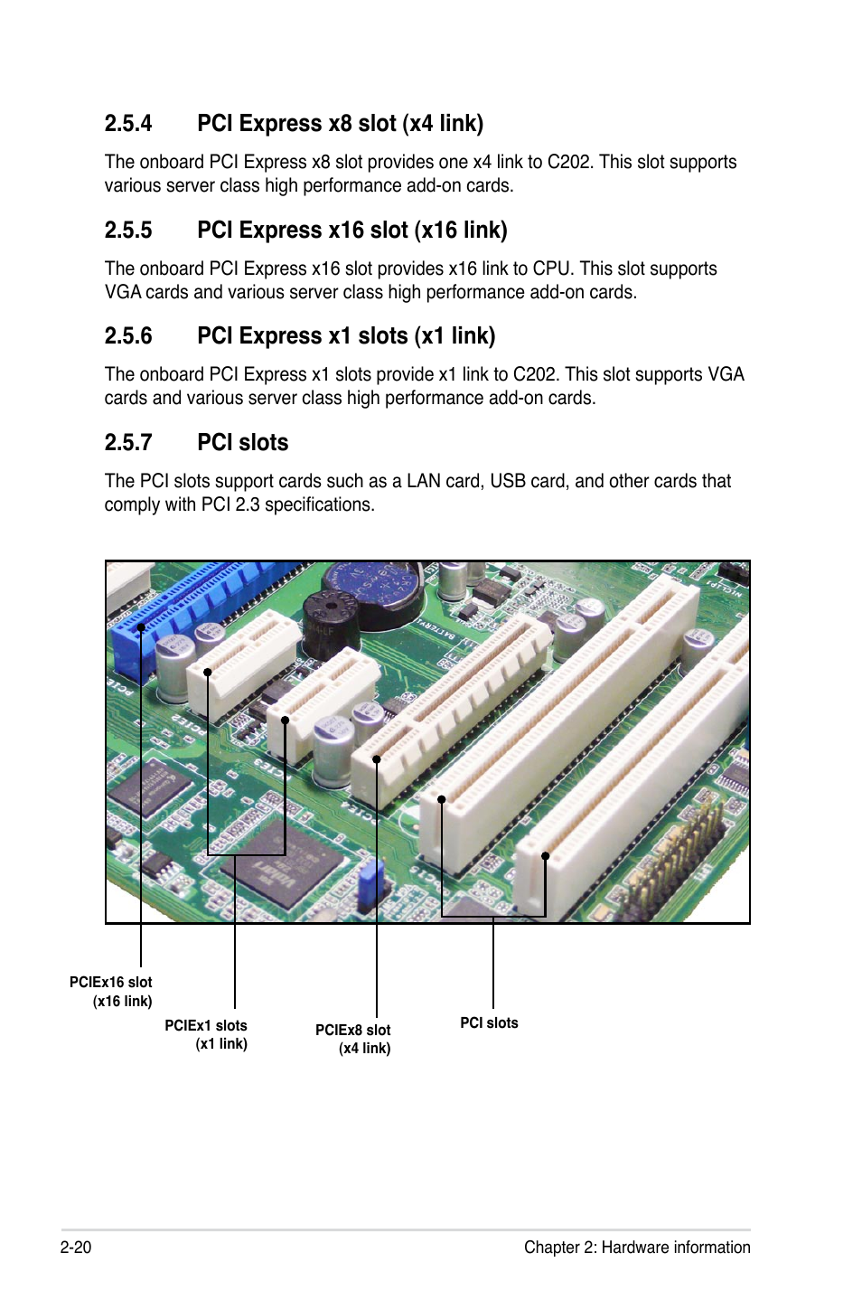 4 pci express x8 slot (x4 link), 6 pci express x1 slots (x1 link), 7 pci slots | Asus P8B-X User Manual | Page 38 / 128