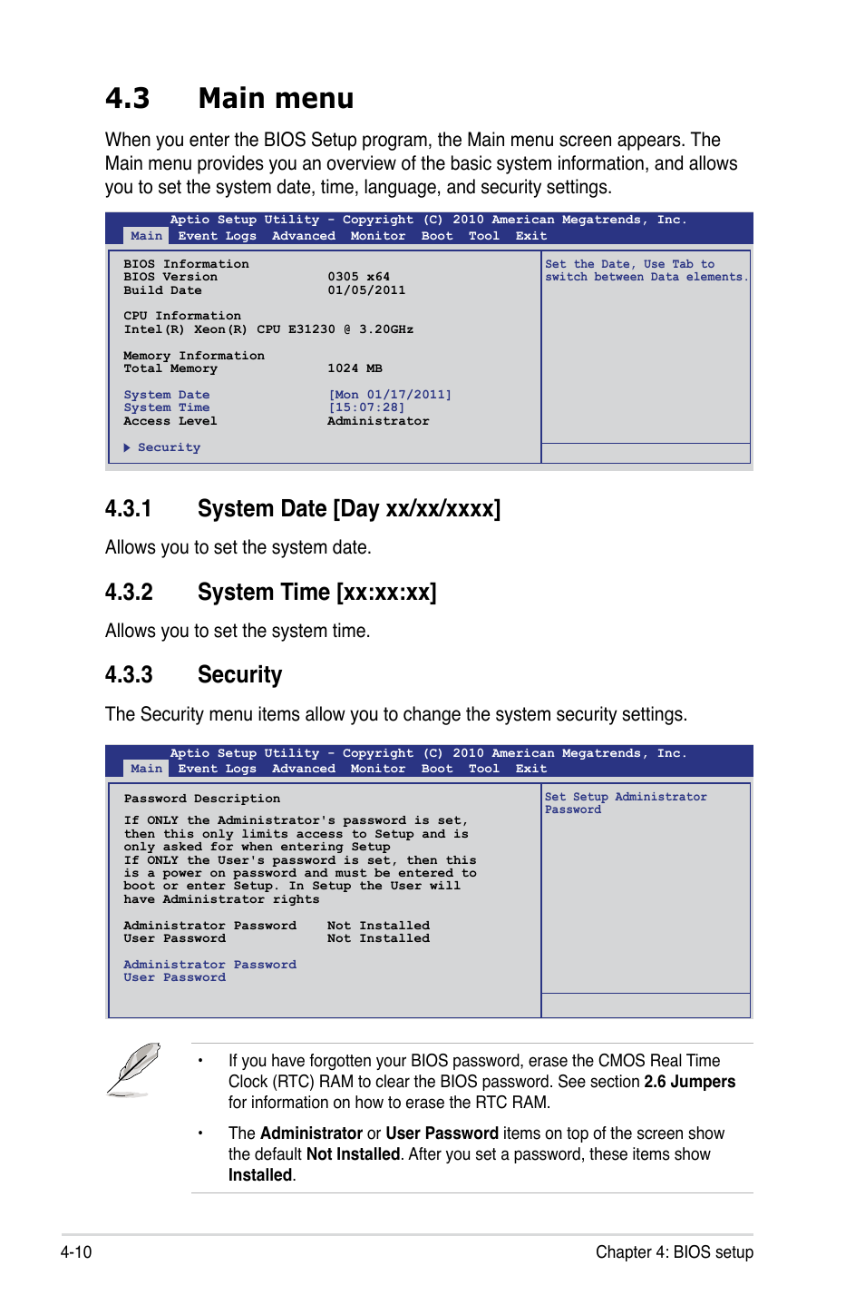 3 main menu, 2 system time [xx:xx:xx, 3 security | Allows you to set the system date, Allows you to set the system time | Asus P8B-X User Manual | Page 68 / 128