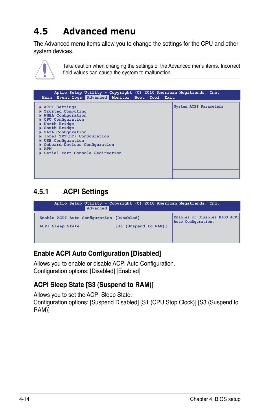 5 advanced menu, 1 acpi settings, Enable acpi auto configuration [disabled | Acpi sleep state [s3 (suspend to ram) | Asus P8B-X User Manual | Page 72 / 128