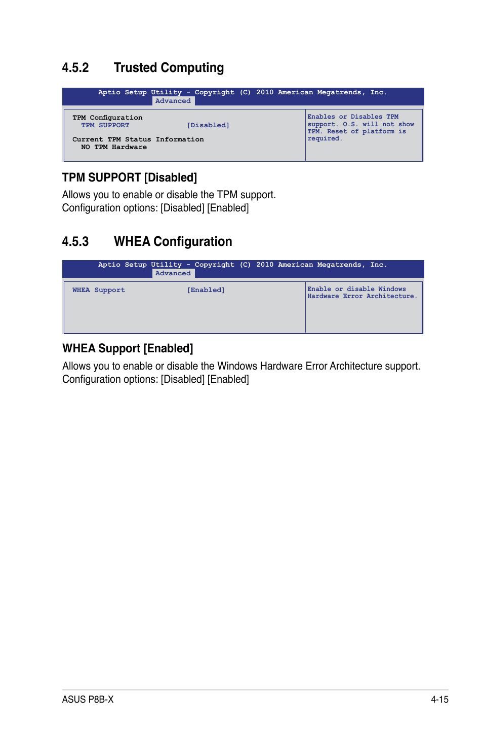 2 trusted computing, 3 whea configuration, Tpm support [disabled | Whea support [enabled | Asus P8B-X User Manual | Page 73 / 128