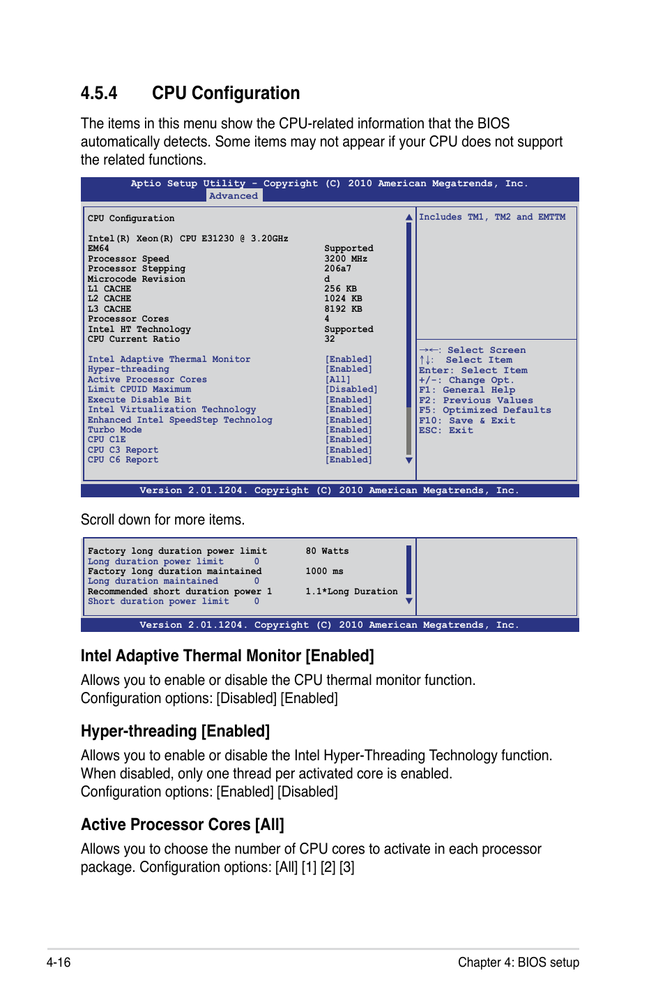 4 cpu configuration, Intel adaptive thermal monitor [enabled, Hyper-threading [enabled | Active processor cores [all, 16 chapter 4: bios setup | Asus P8B-X User Manual | Page 74 / 128