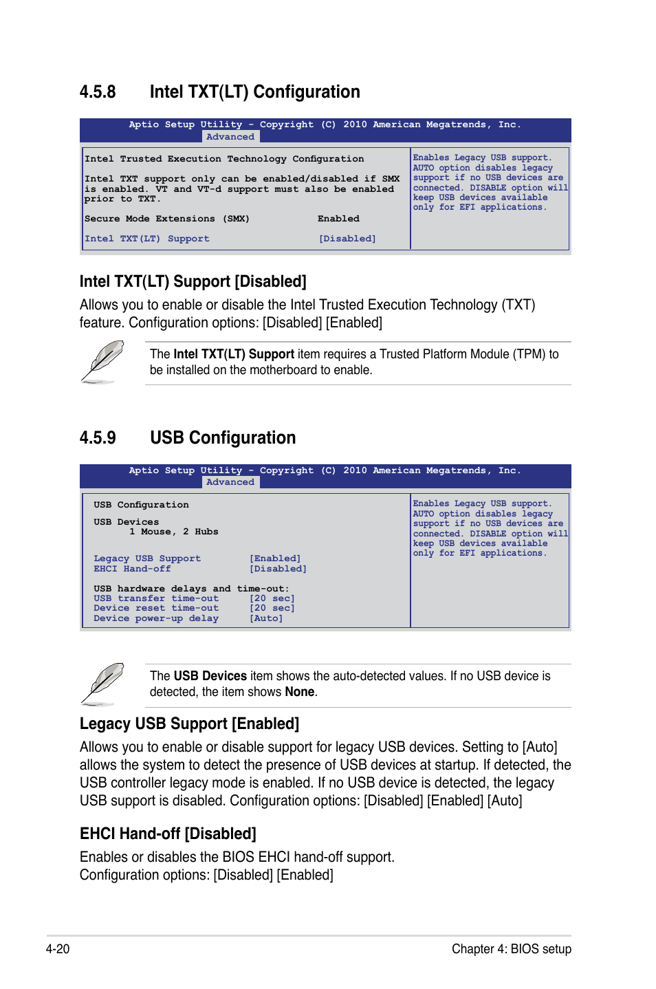 9 usb configuration, 8 intel txt(lt) configuration, Legacy usb support [enabled | Ehci hand-off [disabled, Intel txt(lt) support [disabled | Asus P8B-X User Manual | Page 78 / 128