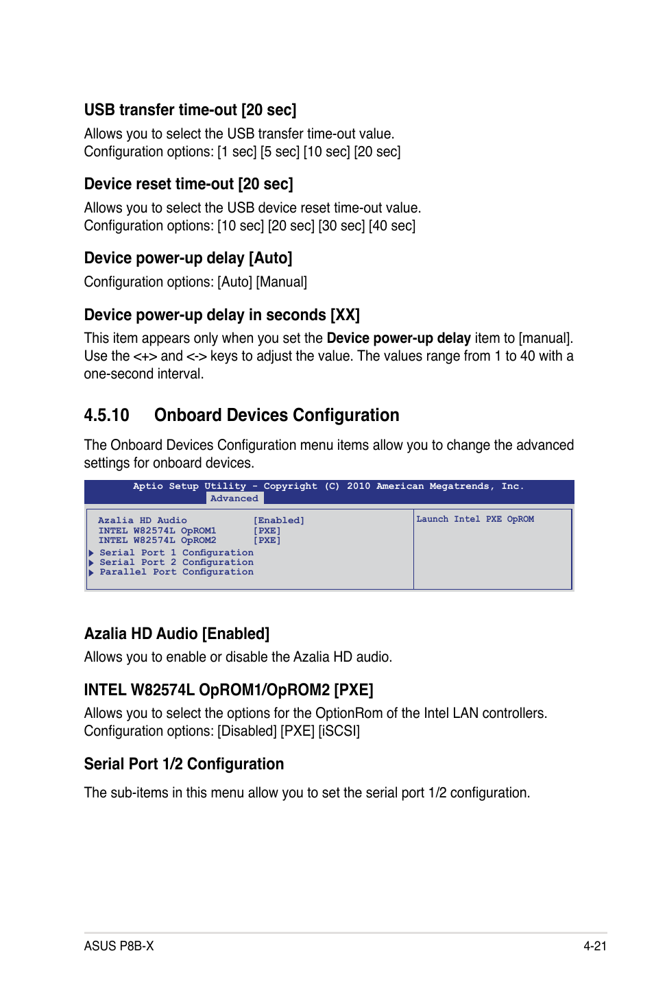 10 onboard devices configuration, Usb transfer time-out [20 sec, Device reset time-out [20 sec | Device power-up delay [auto, Device power-up delay in seconds [xx, Azalia hd audio [enabled, Serial port 1/2 configuration | Asus P8B-X User Manual | Page 79 / 128