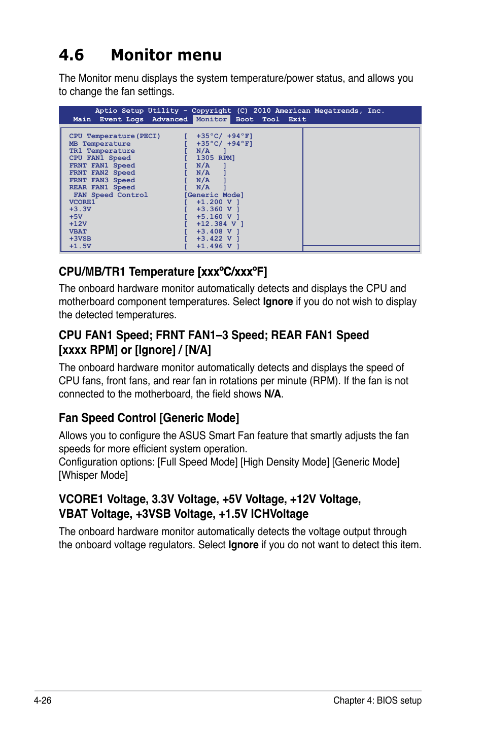 6 monitor menu, Cpu/mb/tr1 temperature [xxx�c/xxx�f] [xxx�c/xxx�f, Fan speed control [generic mode | Asus P8B-X User Manual | Page 84 / 128