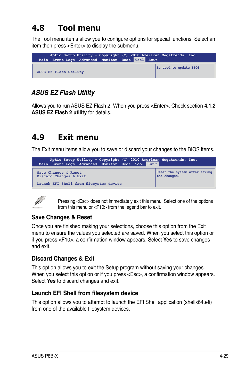 8 tool menu, 9 exit menu, Asus ez flash utility | Save changes & reset, Discard changes & exit, Launch efi shell from filesystem device | Asus P8B-X User Manual | Page 87 / 128