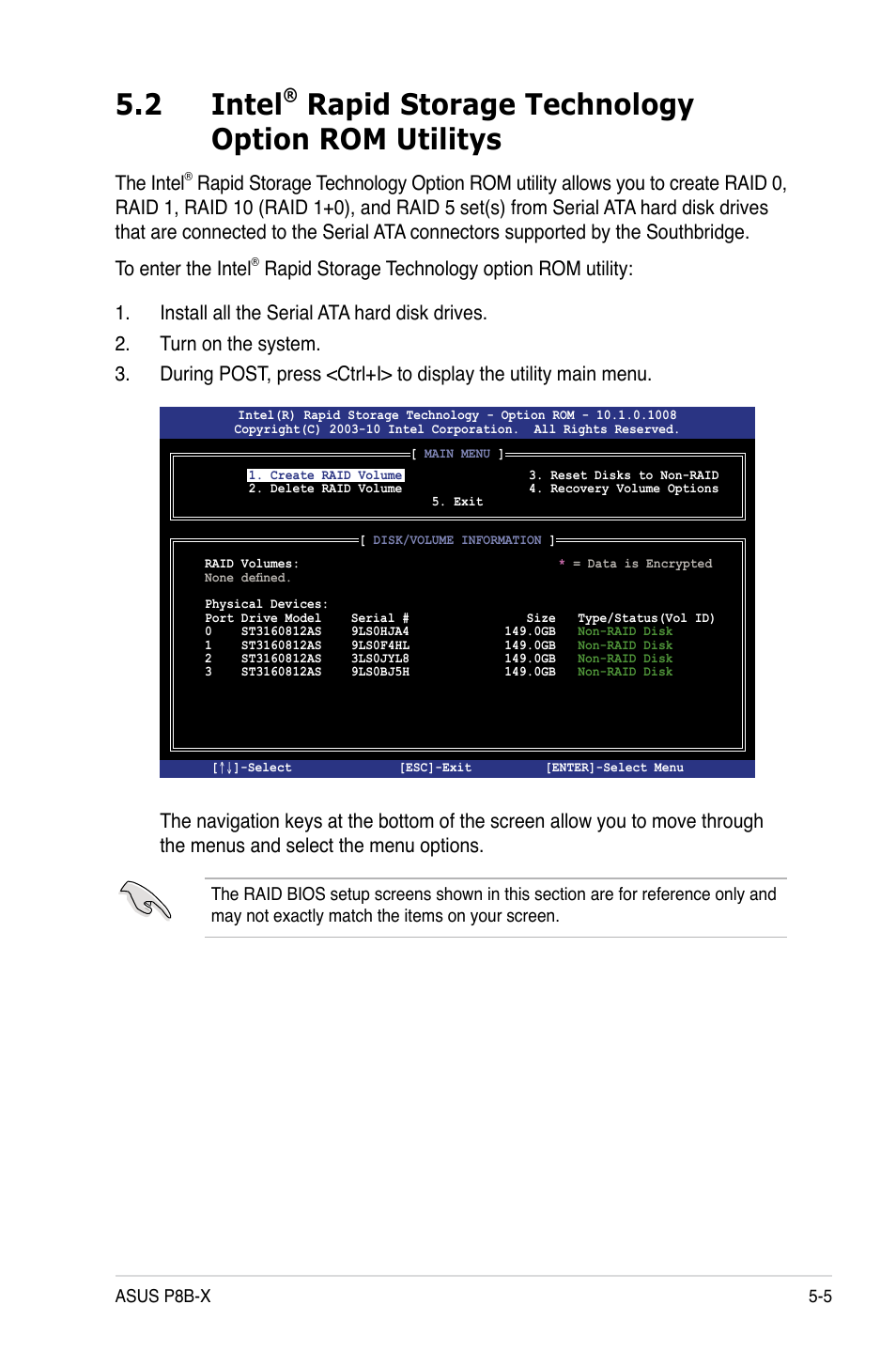 2 intel, Rapid storage technology option rom utilitys, The intel | Asus P8B-X User Manual | Page 93 / 128