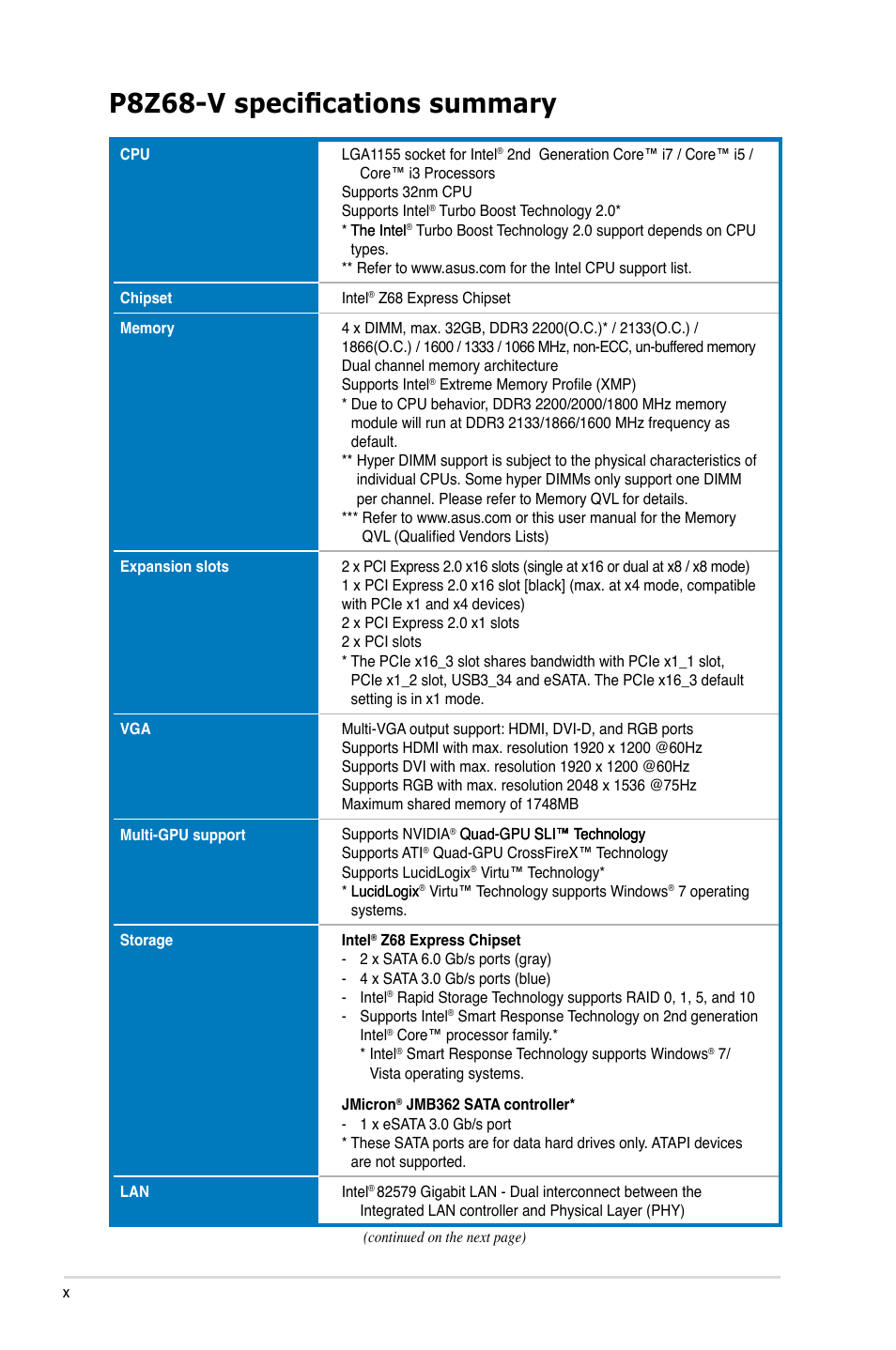 P8z68-v specifications summary | Asus P8Z68-V User Manual | Page 10 / 146