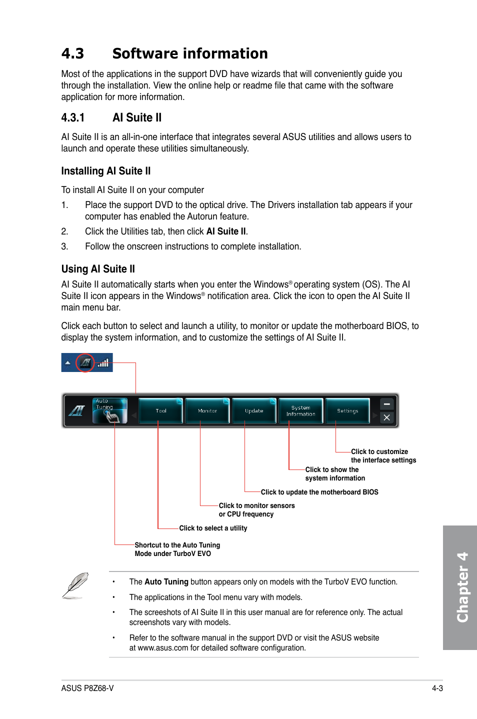 3 software information, 1 ai suite ii, Software information -3 4.3.1 | Ai suite ii -3, Chapter 4 4.3 software information | Asus P8Z68-V User Manual | Page 109 / 146