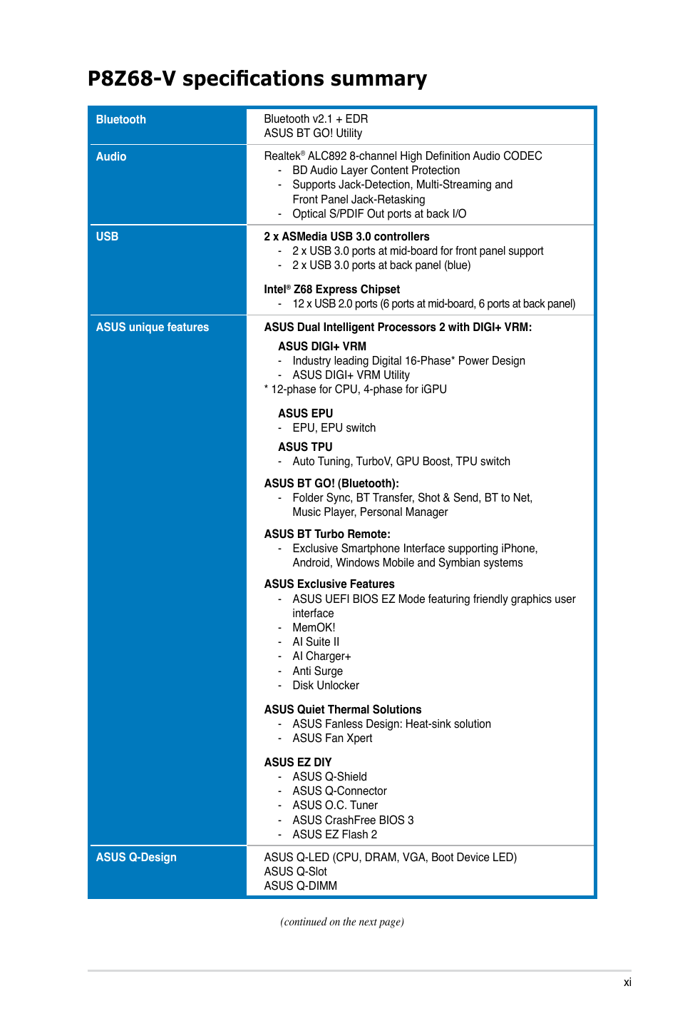 P8z68-v specifications summary | Asus P8Z68-V User Manual | Page 11 / 146