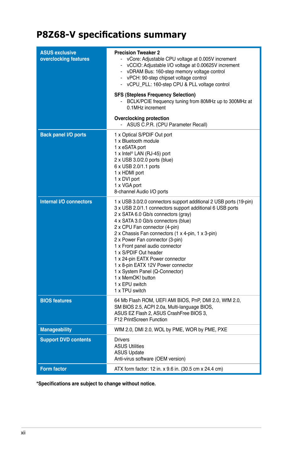 P8z68-v specifications summary | Asus P8Z68-V User Manual | Page 12 / 146